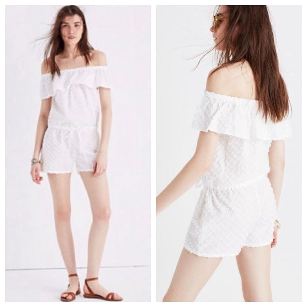Madewell White Off the Shoulder Swiss Dot Shorts Romper Size Small